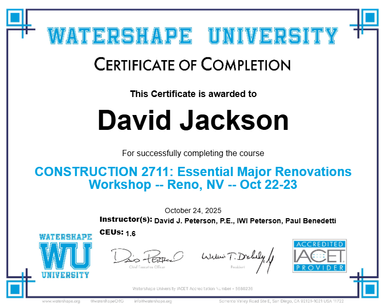 CONSTRUCTION 2711: Essential Major Renovations Workshop -- Reno, NV -- Oct 22-23 Certificate