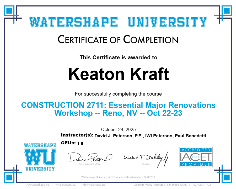 CONSTRUCTION 2711: Essential Major Renovations Workshop -- Reno, NV -- Oct 22-23 Certificate