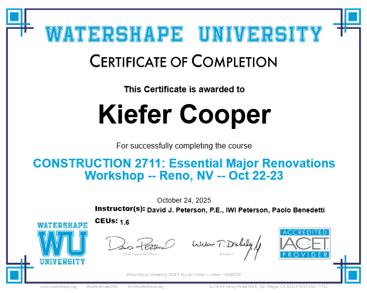 CONSTRUCTION 2711: Essential Major Renovations Workshop -- Reno, NV -- Oct 22-23 Certificate