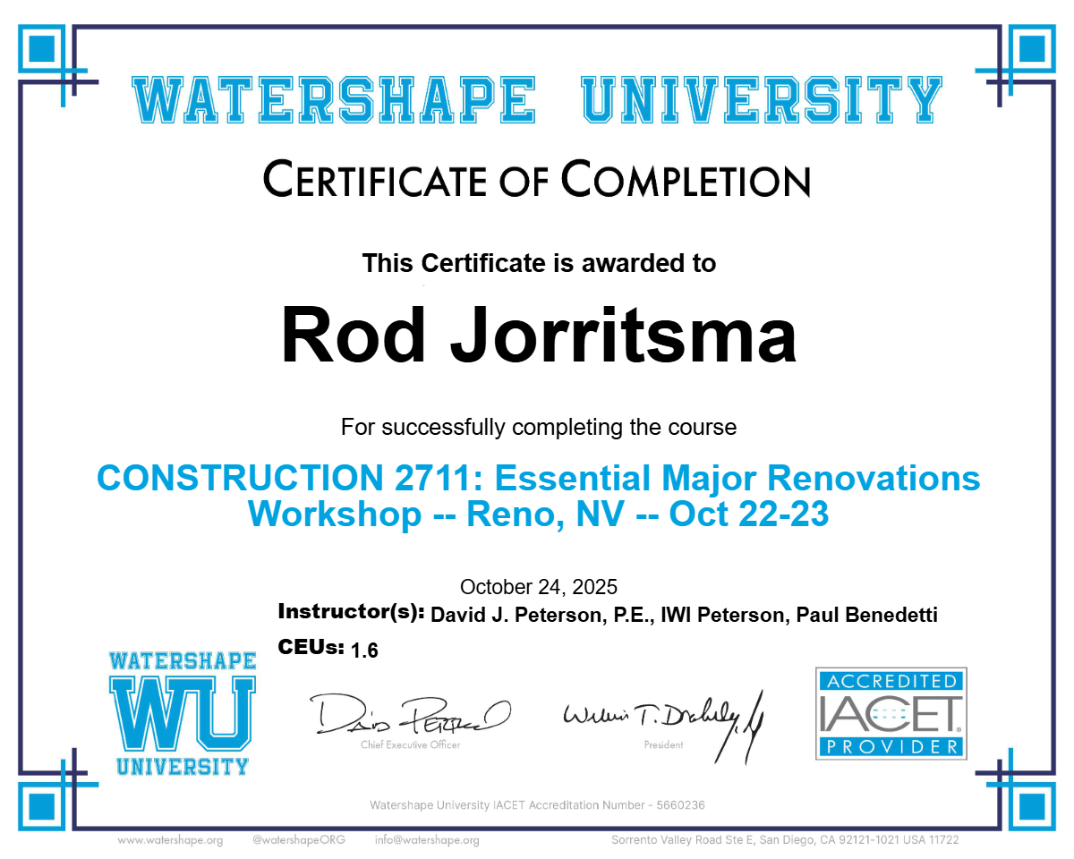 CONSTRUCTION 2711: Essential Major Renovations Workshop -- Reno, NV -- Oct 22-23 Certificate