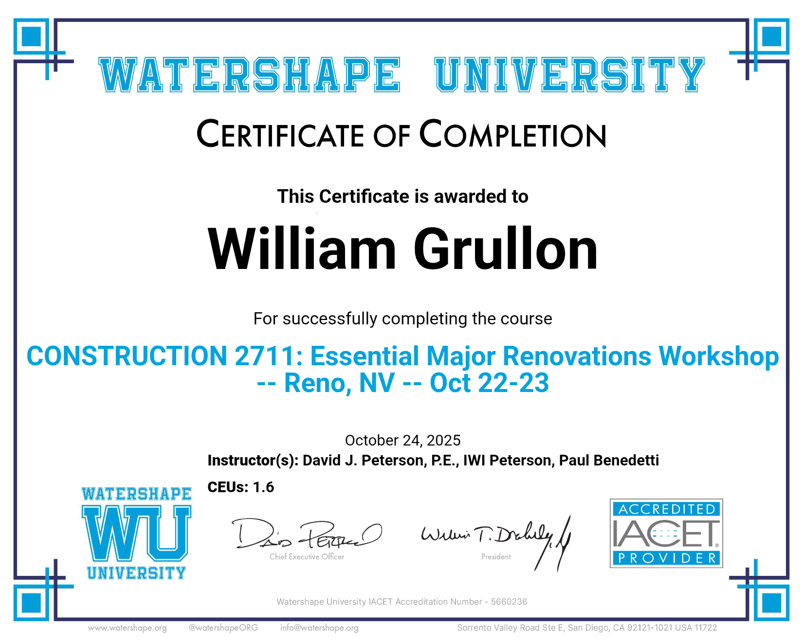 CONSTRUCTION 2711: Essential Major Renovations Workshop -- Reno, NV -- Oct 22-23 Certificate
