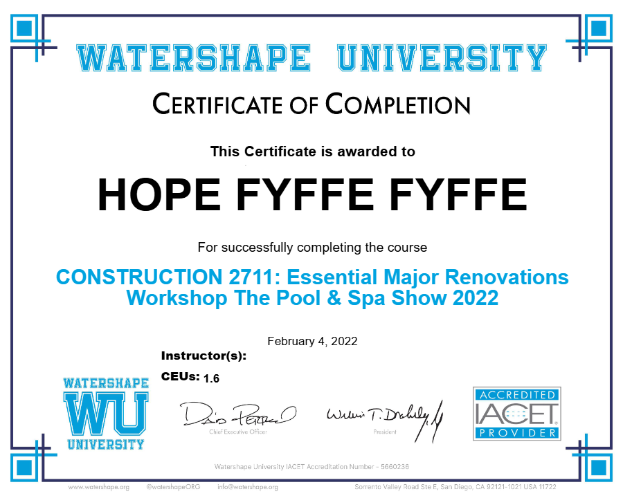 CONSTRUCTION 2711: Essential Major Renovations Workshop The Pool & Spa Show 2022 Certificate