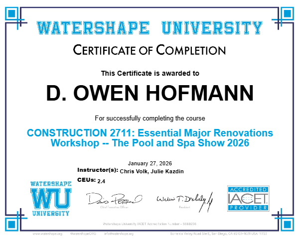 CONSTRUCTION 2711: Essential Major Renovations Workshop -- The Pool and Spa Show 2026 Certificate