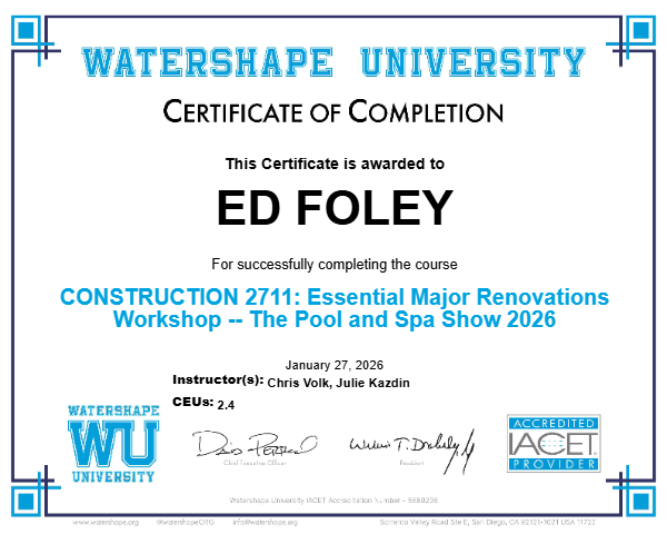 CONSTRUCTION 2711: Essential Major Renovations Workshop -- The Pool and Spa Show 2026 Certificate