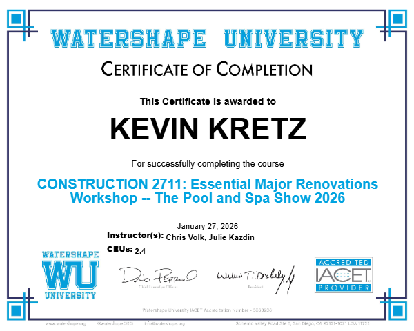 CONSTRUCTION 2711: Essential Major Renovations Workshop -- The Pool and Spa Show 2026 Certificate
