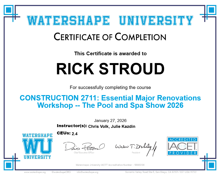 CONSTRUCTION 2711: Essential Major Renovations Workshop -- The Pool and Spa Show 2026 Certificate
