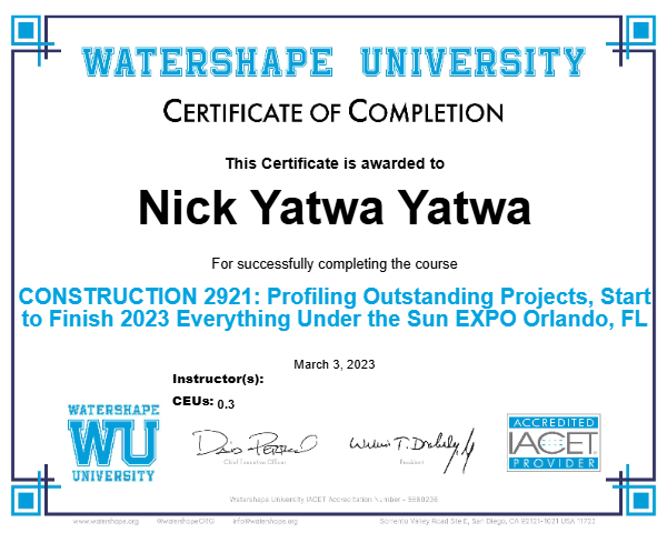 CONSTRUCTION 2921: Profiling Outstanding Projects, Start to Finish 2023 Everything Under the Sun EXPO Orlando, FL Certificate