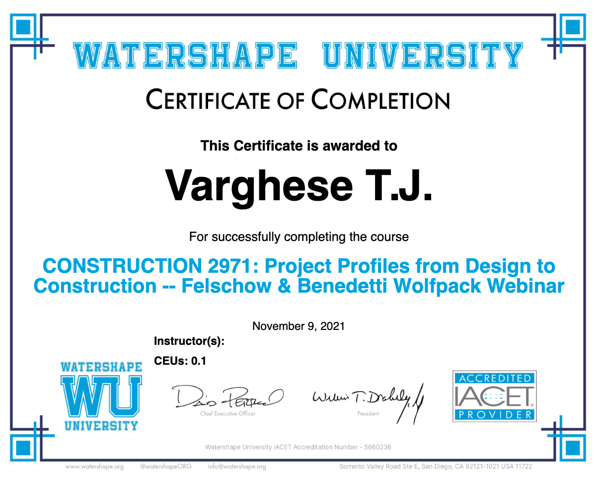 CONSTRUCTION 2971: Project Profiles from Design to Construction -- Felschow & Benedetti Wolfpack Webinar Certificate