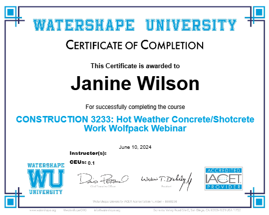 CONSTRUCTION 3233: Hot Weather Concrete/Shotcrete Work Wolfpack Webinar Certificate