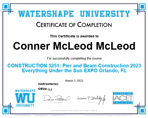 CONSTRUCTION 3251: Pier and Beam Construction 2023 Everything Under the Sun EXPO Orlando, FL Certificate