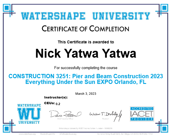 CONSTRUCTION 3251: Pier and Beam Construction 2023 Everything Under the Sun EXPO Orlando, FL Certificate