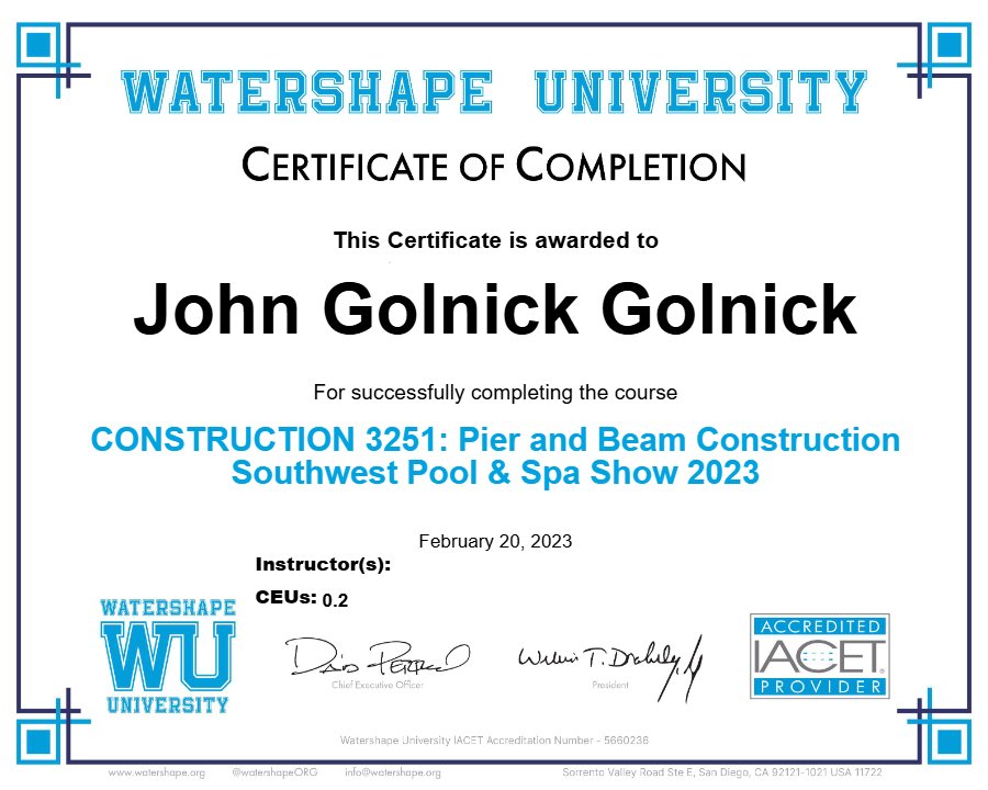 CONSTRUCTION 3251: Pier and Beam Construction Southwest Pool & Spa Show 2023 Certificate