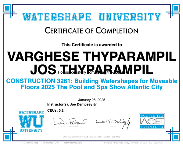 CONSTRUCTION 3281: Building Watershapes for Moveable Floors 2025 The Pool and Spa Show Atlantic City Certificate