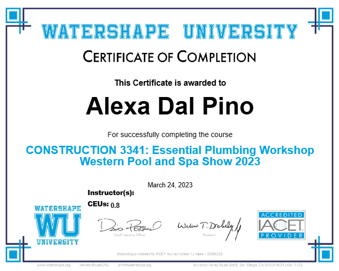 CONSTRUCTION 3341: Essential Plumbing Workshop Western Pool and Spa Show 2023 Certificate