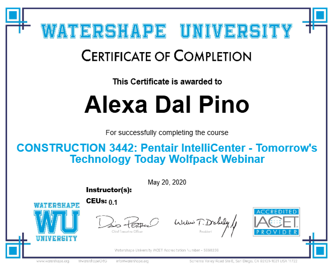 CONSTRUCTION 3442: Pentair IntelliCenter - Tomorrow's Technology Today Wolfpack Webinar Certificate