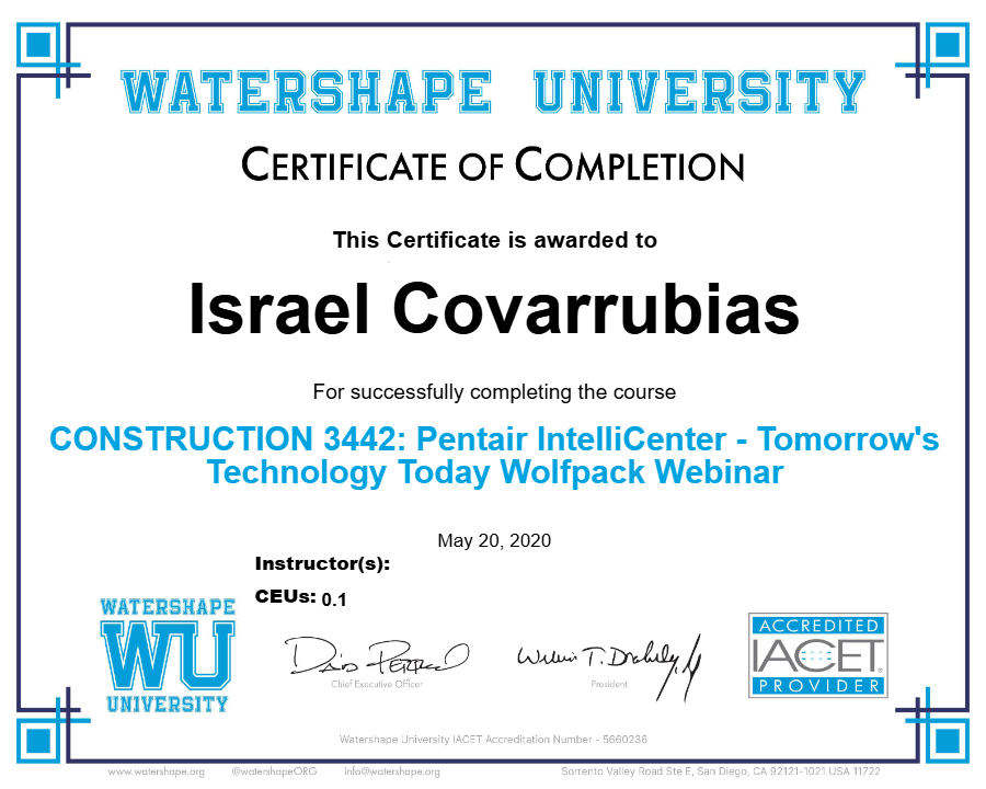 CONSTRUCTION 3442: Pentair IntelliCenter - Tomorrow's Technology Today Wolfpack Webinar Certificate