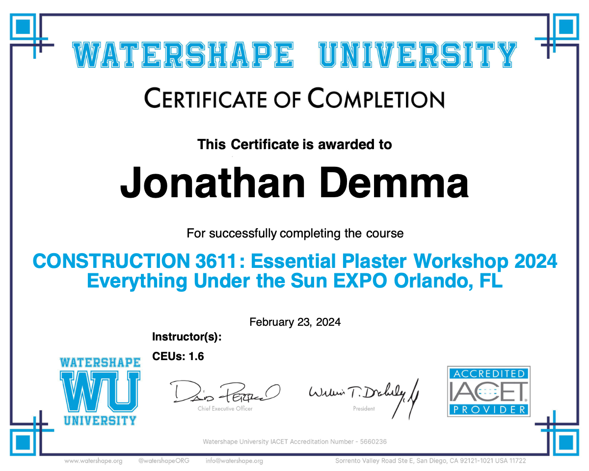 CONSTRUCTION 3611: Essential Plaster Workshop 2024 Everything Under the Sun EXPO Orlando, FL Certificate