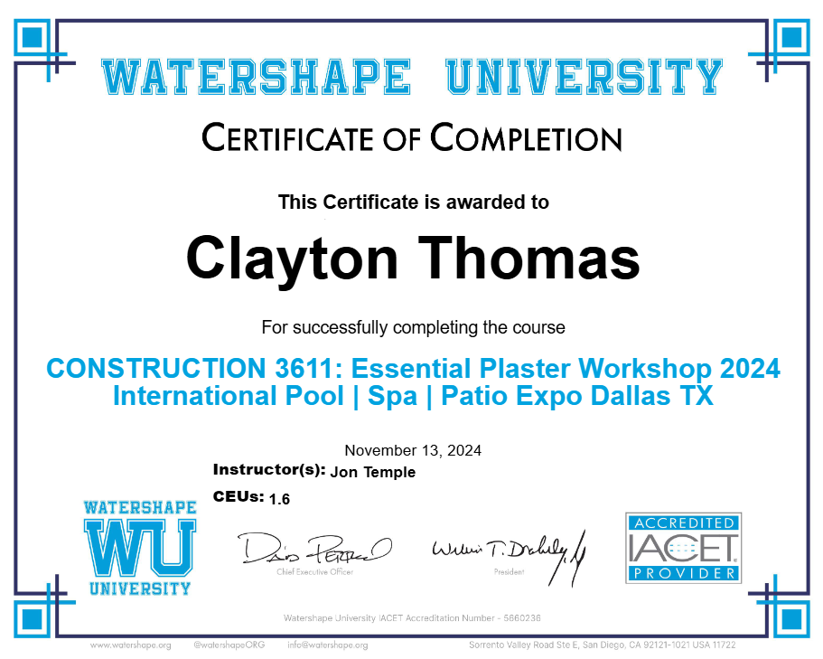 CONSTRUCTION 3611: Essential Plaster Workshop 2024 International Pool | Spa | Patio Expo Dallas TX Certificate