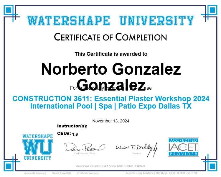 CONSTRUCTION 3611: Essential Plaster Workshop 2024 International Pool | Spa | Patio Expo Dallas TX Certificate