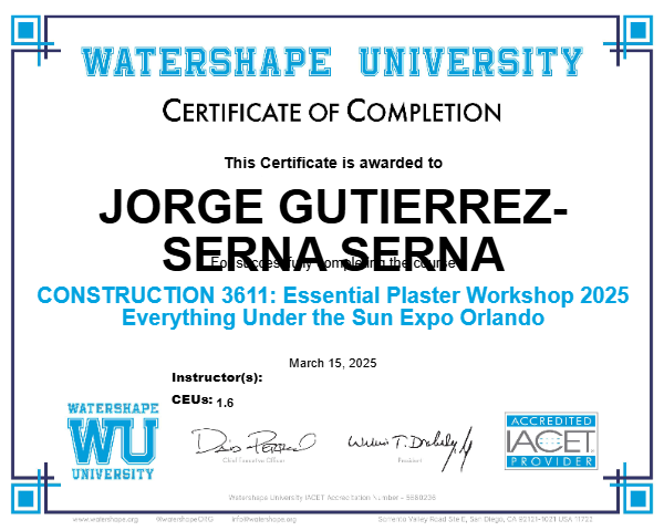 CONSTRUCTION 3611: Essential Plaster Workshop 2025 Everything Under the Sun Expo Orlando Certificate