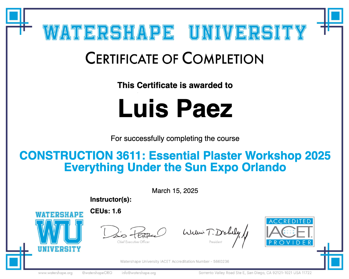 CONSTRUCTION 3611: Essential Plaster Workshop 2025 Everything Under the Sun Expo Orlando Certificate