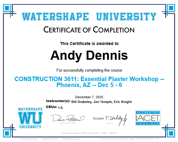 CONSTRUCTION 3611: Essential Plaster Workshop -- Phoenix, AZ -- Dec 5 - 6 Certificate