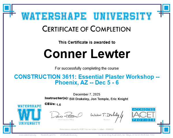 CONSTRUCTION 3611: Essential Plaster Workshop -- Phoenix, AZ -- Dec 5 - 6 Certificate