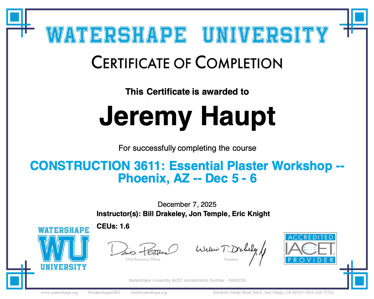 CONSTRUCTION 3611: Essential Plaster Workshop -- Phoenix, AZ -- Dec 5 - 6 Certificate