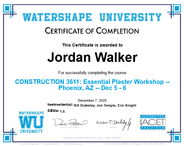 CONSTRUCTION 3611: Essential Plaster Workshop -- Phoenix, AZ -- Dec 5 - 6 Certificate