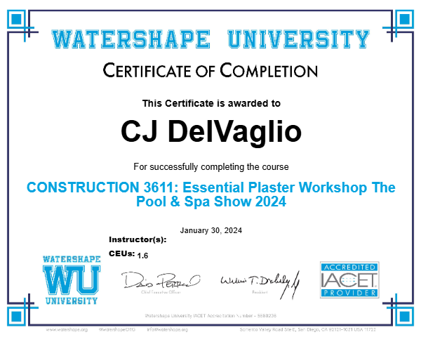 CONSTRUCTION 3611: Essential Plaster Workshop The Pool & Spa Show 2024 Certificate