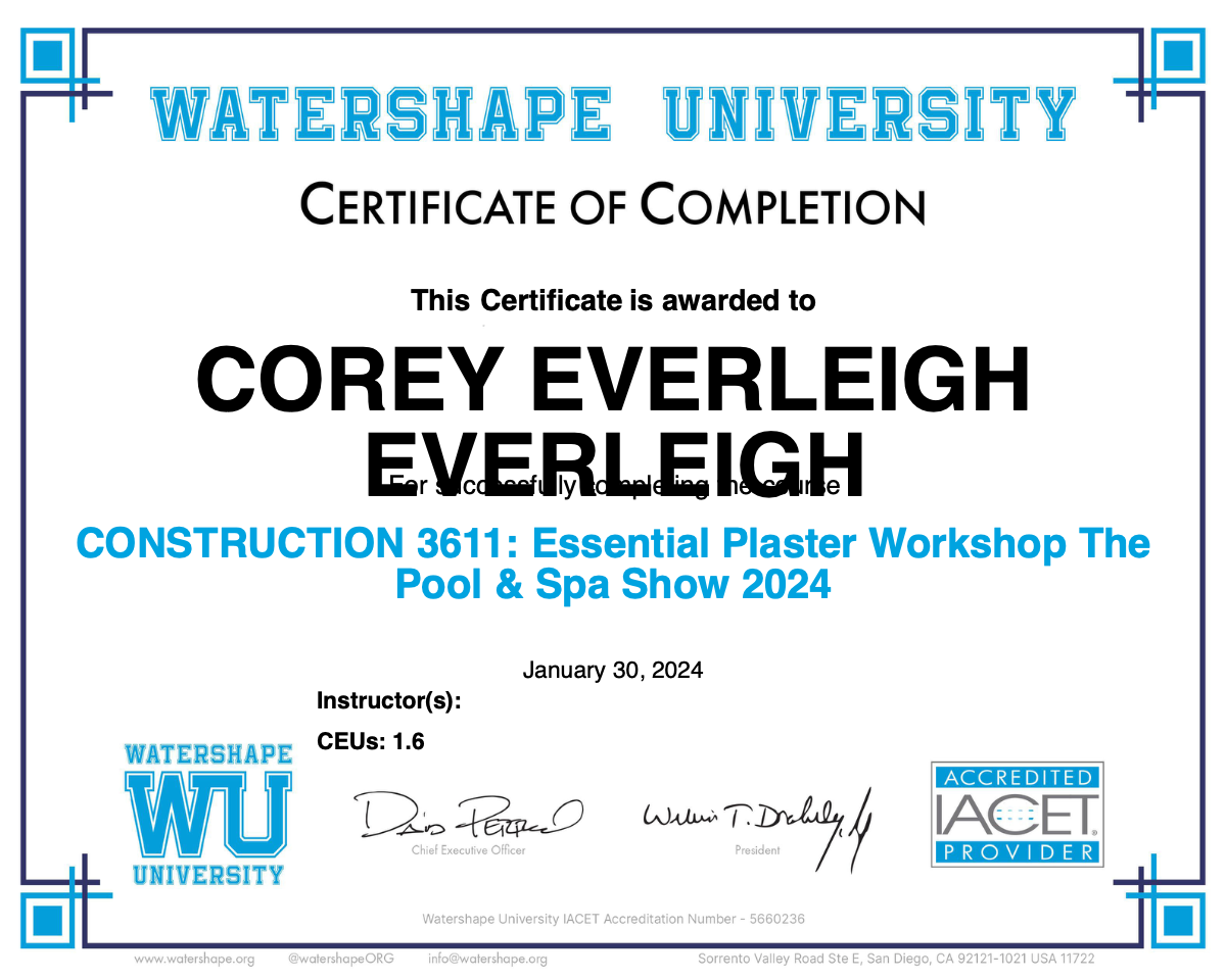 CONSTRUCTION 3611: Essential Plaster Workshop The Pool & Spa Show 2024 Certificate