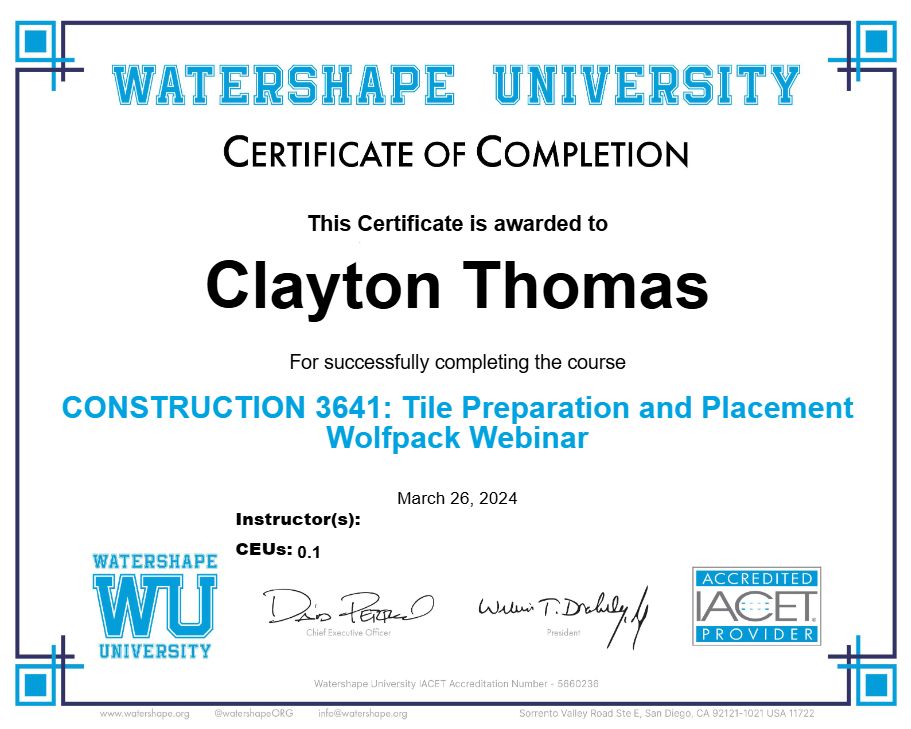 CONSTRUCTION 3641: Tile Preparation and Placement Wolfpack Webinar Certificate
