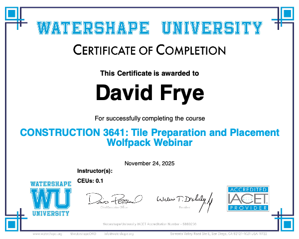 CONSTRUCTION 3641: Tile Preparation and Placement Wolfpack Webinar Certificate