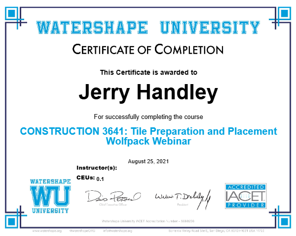 CONSTRUCTION 3641: Tile Preparation and Placement Wolfpack Webinar Certificate