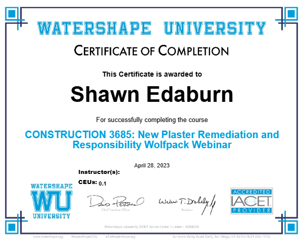 CONSTRUCTION 3685: New Plaster Remediation and Responsibility Wolfpack Webinar Certificate