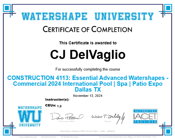 CONSTRUCTION 4113: Essential Advanced Watershapes - Commercial 2024 International Pool | Spa | Patio Expo Dallas TX Certificate