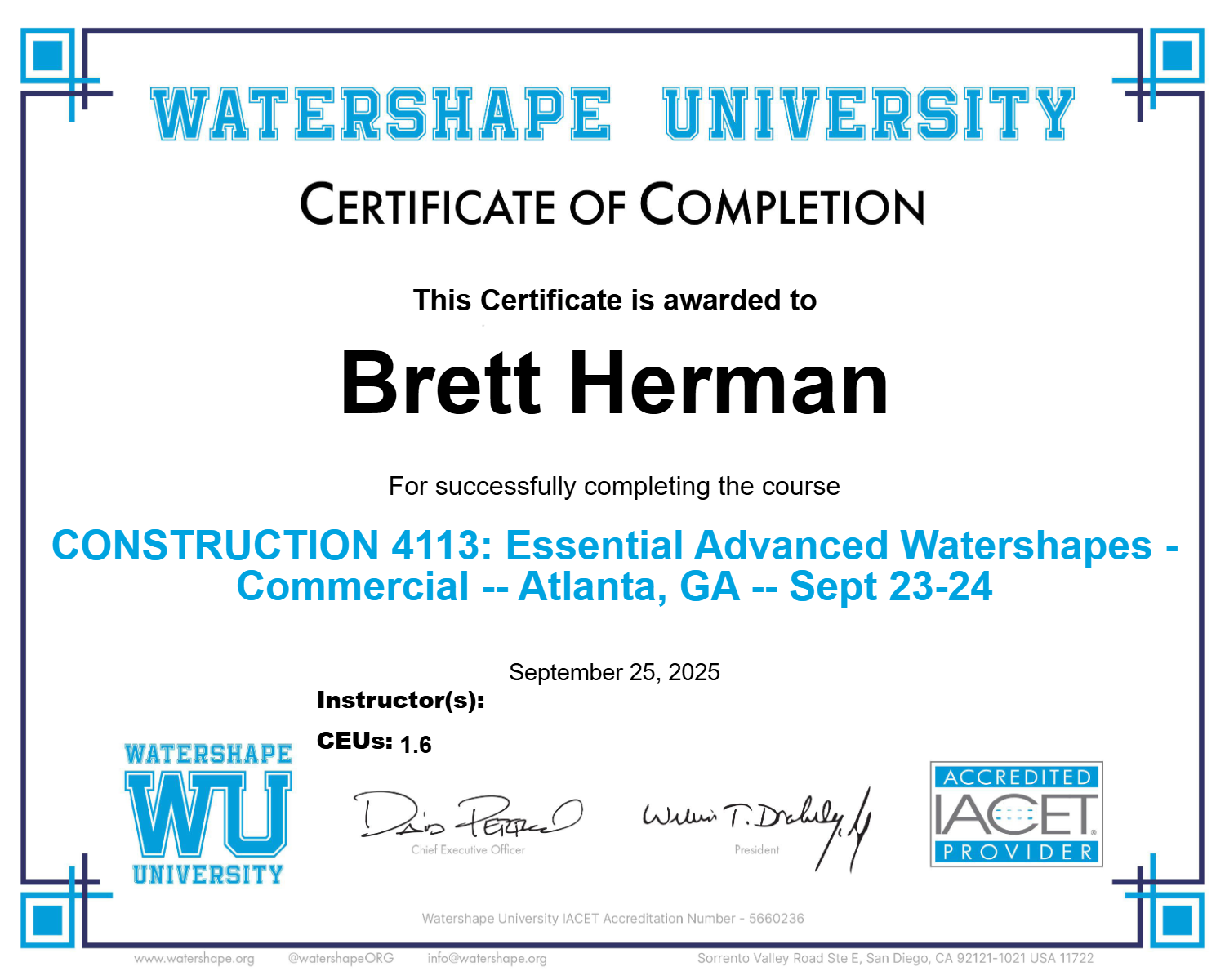 CONSTRUCTION 4113: Essential Advanced Watershapes - Commercial -- Atlanta, GA -- Sept 23-24 Certificate