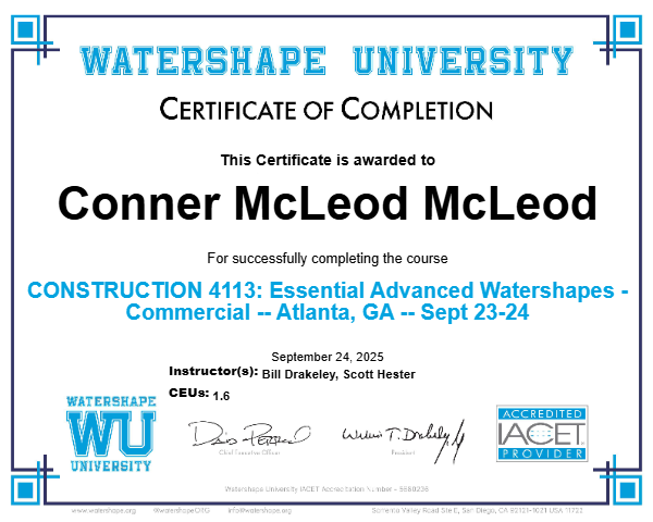 CONSTRUCTION 4113: Essential Advanced Watershapes - Commercial -- Atlanta, GA -- Sept 23-24 Certificate