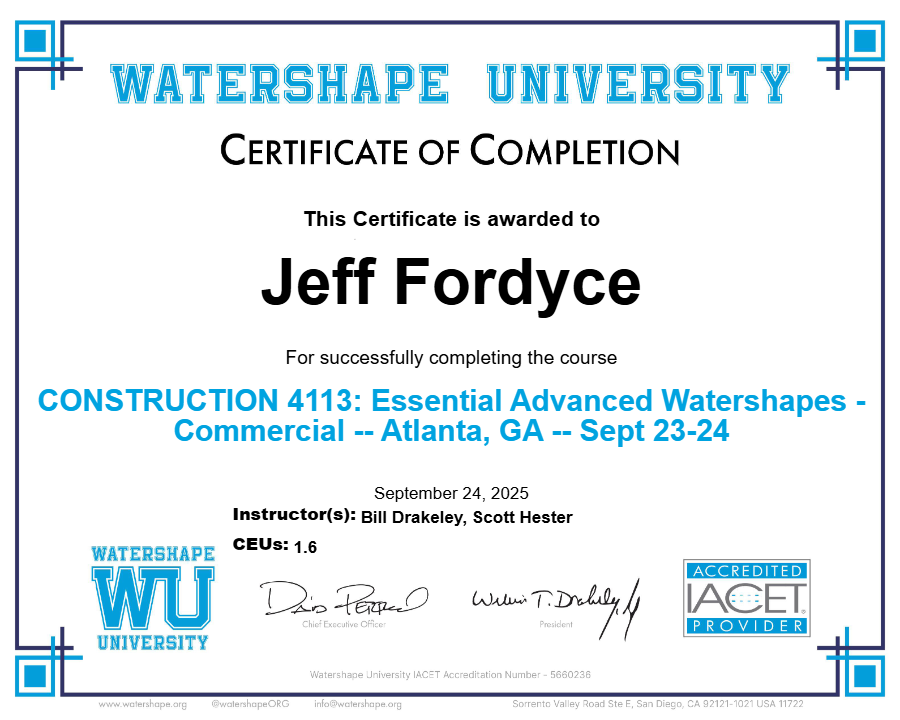CONSTRUCTION 4113: Essential Advanced Watershapes - Commercial -- Atlanta, GA -- Sept 23-24 Certificate
