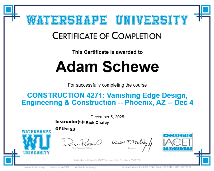 CONSTRUCTION 4271: Vanishing Edge Design, Engineering & Construction -- Phoenix, AZ -- Dec 4 Certificate