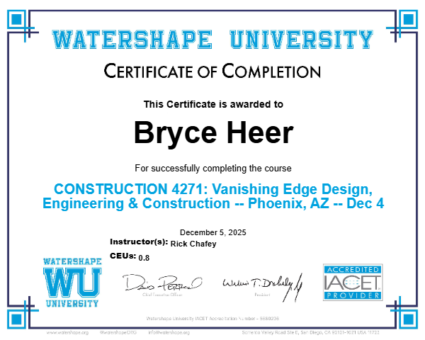 CONSTRUCTION 4271: Vanishing Edge Design, Engineering & Construction -- Phoenix, AZ -- Dec 4 Certificate