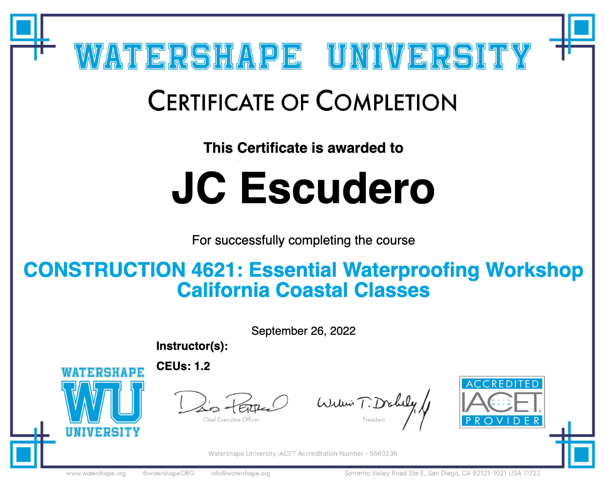 CONSTRUCTION 4621: Essential Waterproofing Workshop California Coastal Classes Certificate