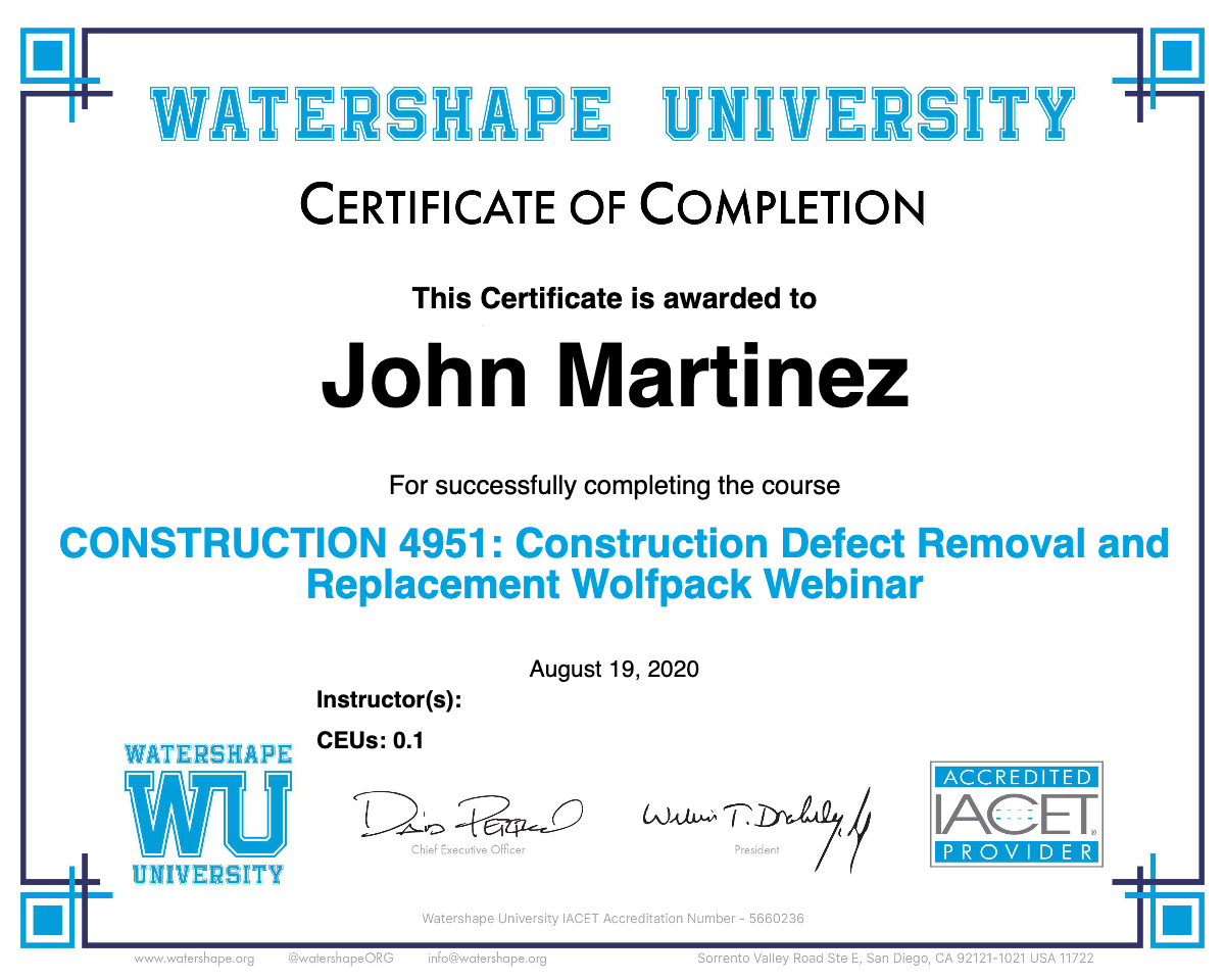 CONSTRUCTION 4951: Construction Defect Removal and Replacement Wolfpack Webinar Certificate