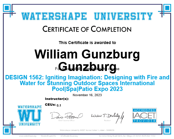 DESIGN 1562: Igniting Imagination: Designing with Fire and Water for Stunning Outdoor Spaces International Pool|Spa|Patio Expo 2023 Certificate