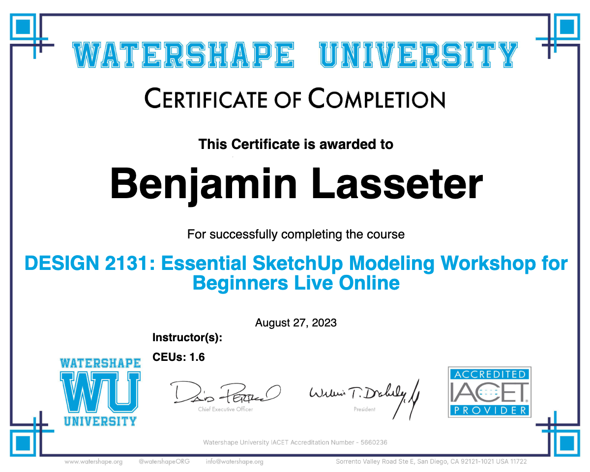 DESIGN 2131: Essential SketchUp Modeling Workshop for Beginners Live Online Certificate