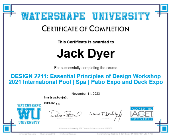 DESIGN 2211: Essential Principles of Design Workshop 2021 International Pool | Spa | Patio Expo and Deck Expo Certificate