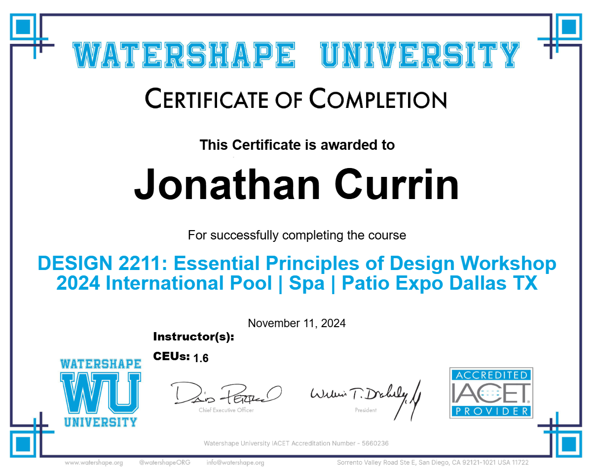 DESIGN 2211: Essential Principles of Design Workshop 2024 International Pool | Spa | Patio Expo Dallas TX Certificate