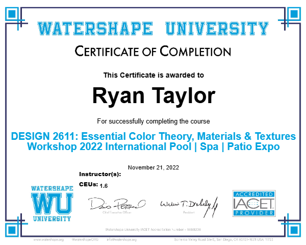 DESIGN 2611: Essential Color Theory, Materials & Textures Workshop 2022 International Pool | Spa | Patio Expo Certificate