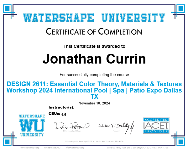 DESIGN 2611: Essential Color Theory, Materials & Textures Workshop 2024 International Pool | Spa | Patio Expo Dallas TX Certificate