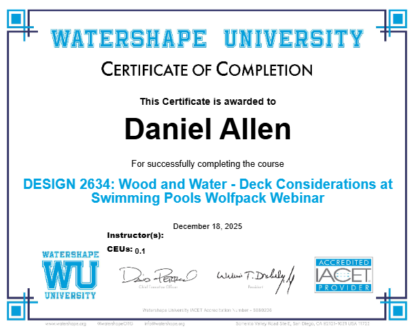 DESIGN 2634: Wood and Water - Deck Considerations at Swimming Pools Wolfpack Webinar Certificate